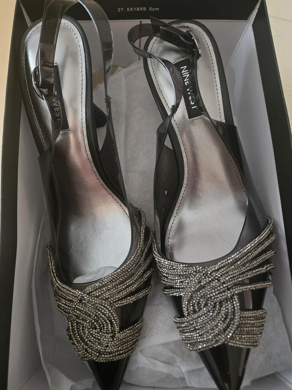 Nine West Black Patent Slingback Heels with Crystal Knot Detail
